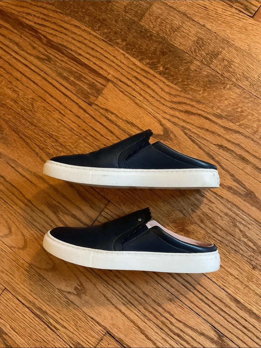 Kate Spade Dark Navy Leather Slip-On Loafers with White Sole